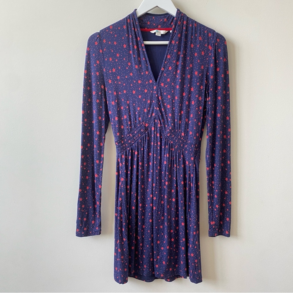 Boden Betty Jersey Long Sleeve Tunic Dress in Blue with Red Stars Size 4